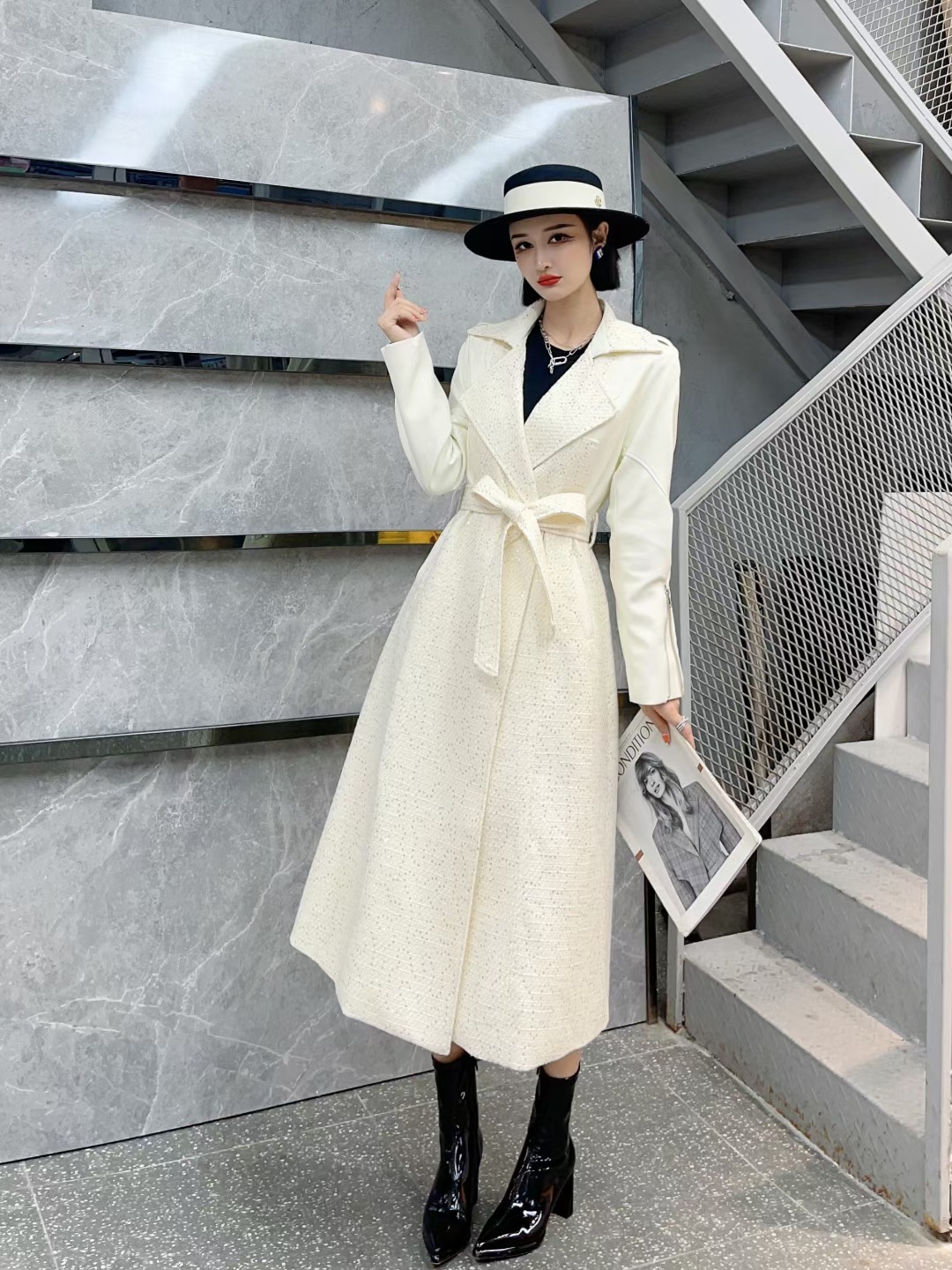 New Style Suit Collar Stitching PU Leather Mid length Over the knee Thickened Thin Windbreaker Jacket White - Shop at LoveMi