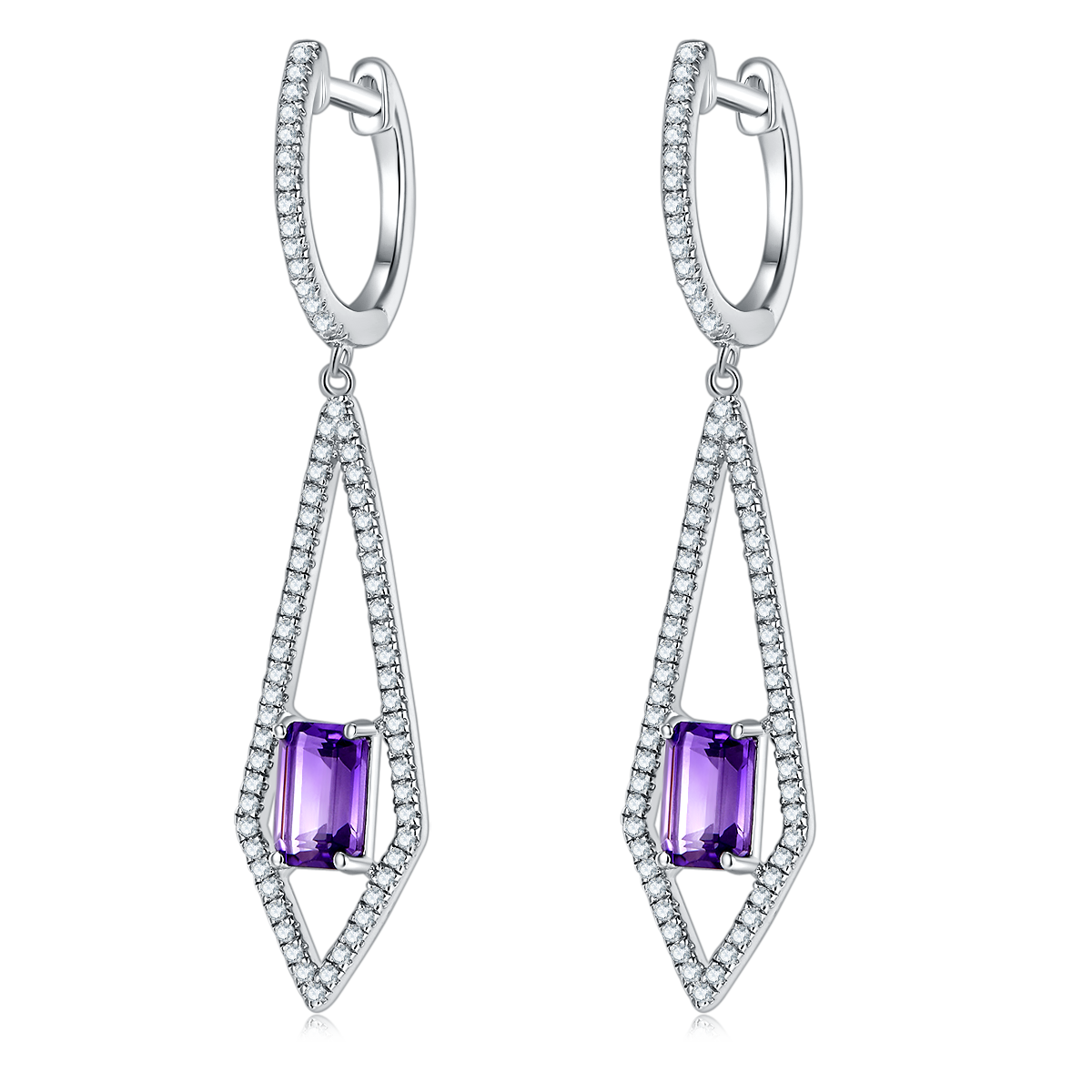 S925 Sterling Silver Dangle Earrings 6x4mm Natural Amethyst, Platinum Plated Long Kite Drop Earrings For Women, Fine Jewelry Gift Box Set