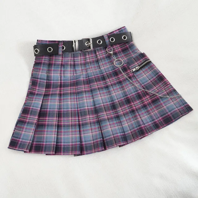 Gradient Plaid High Waist Slim Pleated A line Skirt Women Purple - Shop at LoveMi