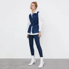 Cowboy Waist Waistcoat Jacket Women With Outer Belt - Denim Blue - View 1