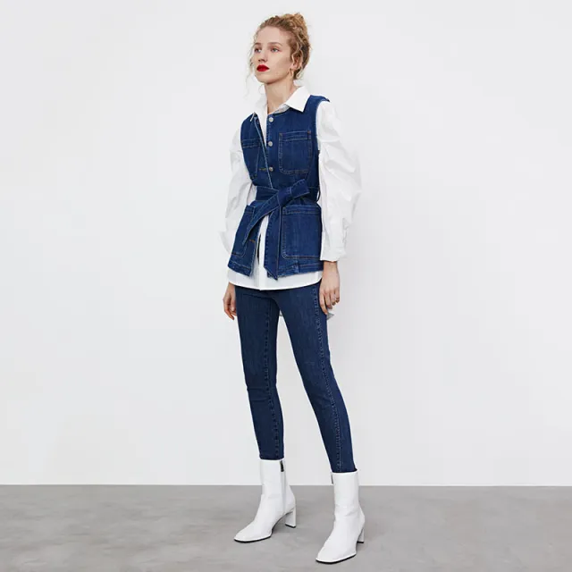 Cowboy Waist Waistcoat Jacket Women With Outer Belt Denim Blue - Shop at LoveMi