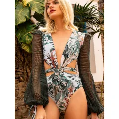 One Piece SwimsuitLong Sleeve Swimwear - Black - View 1
