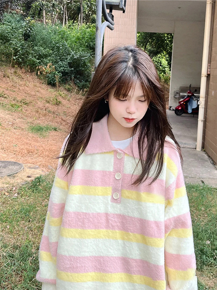 Striped Polo Neck Sweater Thickened And Gentle For Women