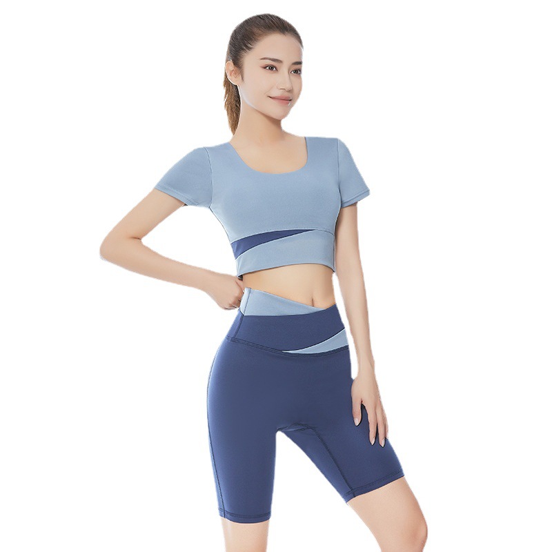 New Stitching Fitness Clothing Suit Navel-exposed Short-sleeved Suit High Waist Hip-lifting Running Sports Fitness Yoga Clothing Suit product image