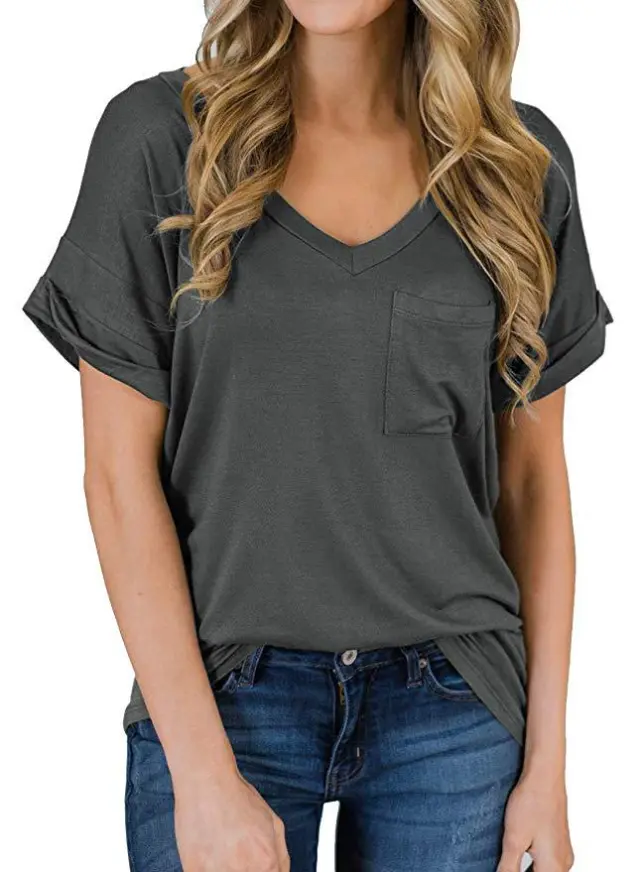 Women's V Neck Pocket Tee Roll Dark Grey - Shop at LoveMi