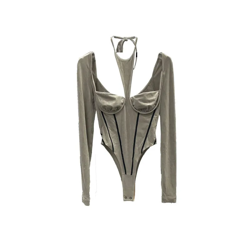 Black Neck Structure One-piece Velvet Long-sleeved Bottom Coat - Grey