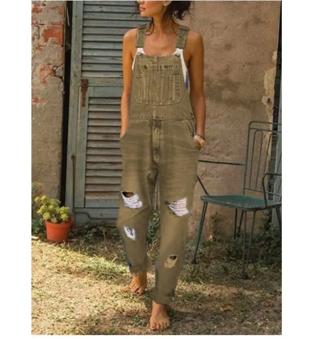 Ladies' Denim Overalls With Holes And Thinner Women's Overalls With Trousers Khaki - Shop at LoveMi