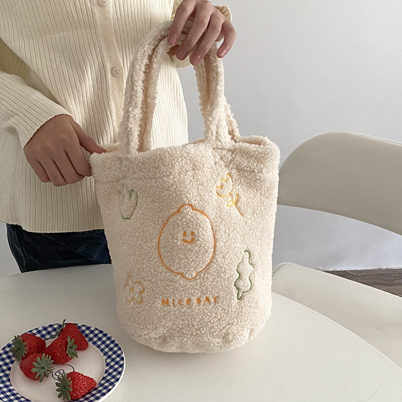 Plush Cartoon Embroidery Small Bucket Portable Handbag