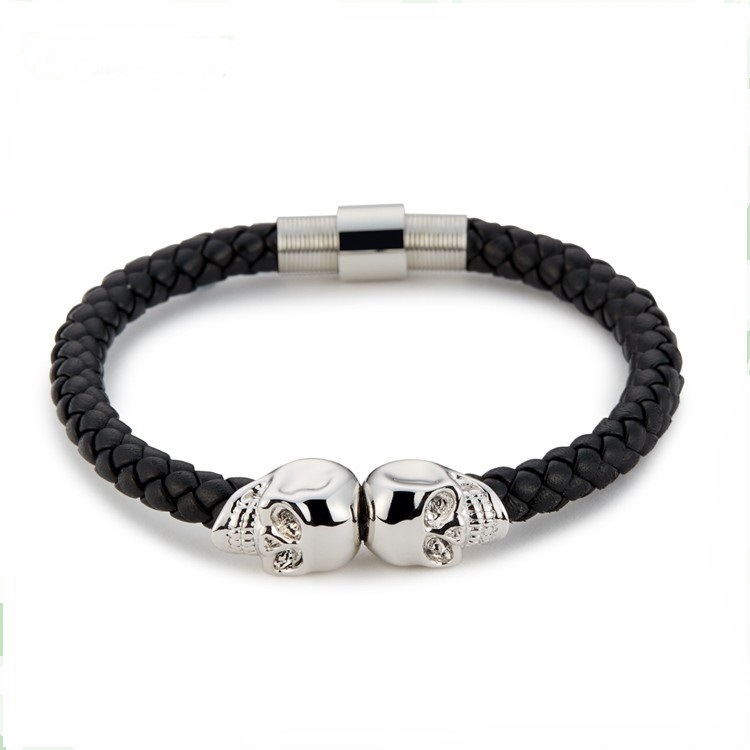 Stainless Steel Leather Rope Skull Men's Bracelet
