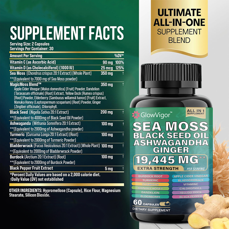 Sea Moss and Black Seed Oil Supplement Blend. Introducing our revolutionary MagicMoss Formula, a comprehensive combination of Sea Moss Pills, Black Seed Oil Pills, Ashwagandha, Bladderwrack, and Burdock Root Capsules, enriched with over 12 potent ingredie