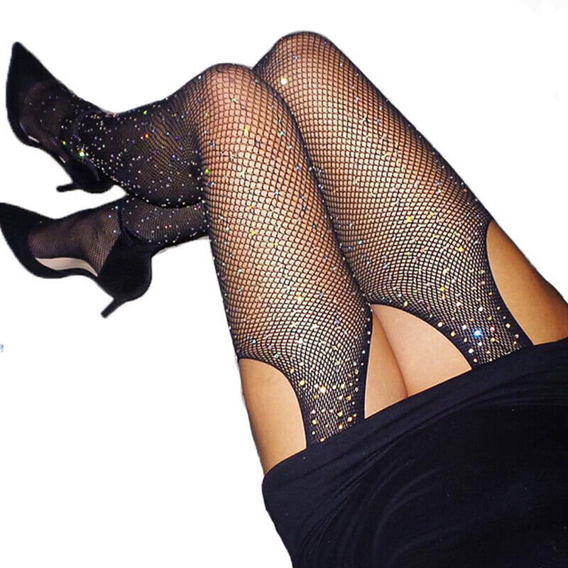Women Sexy Fishnet Crystal Rhinestone Tights Suspender Stockings Garter Lingerie