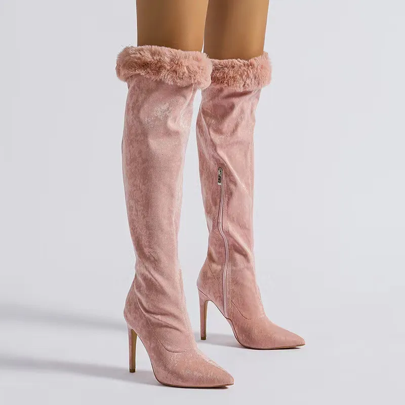 Fine Heel High Boots Large Tube Girth Pointed Tip Sleeve Lace Boots - Pink