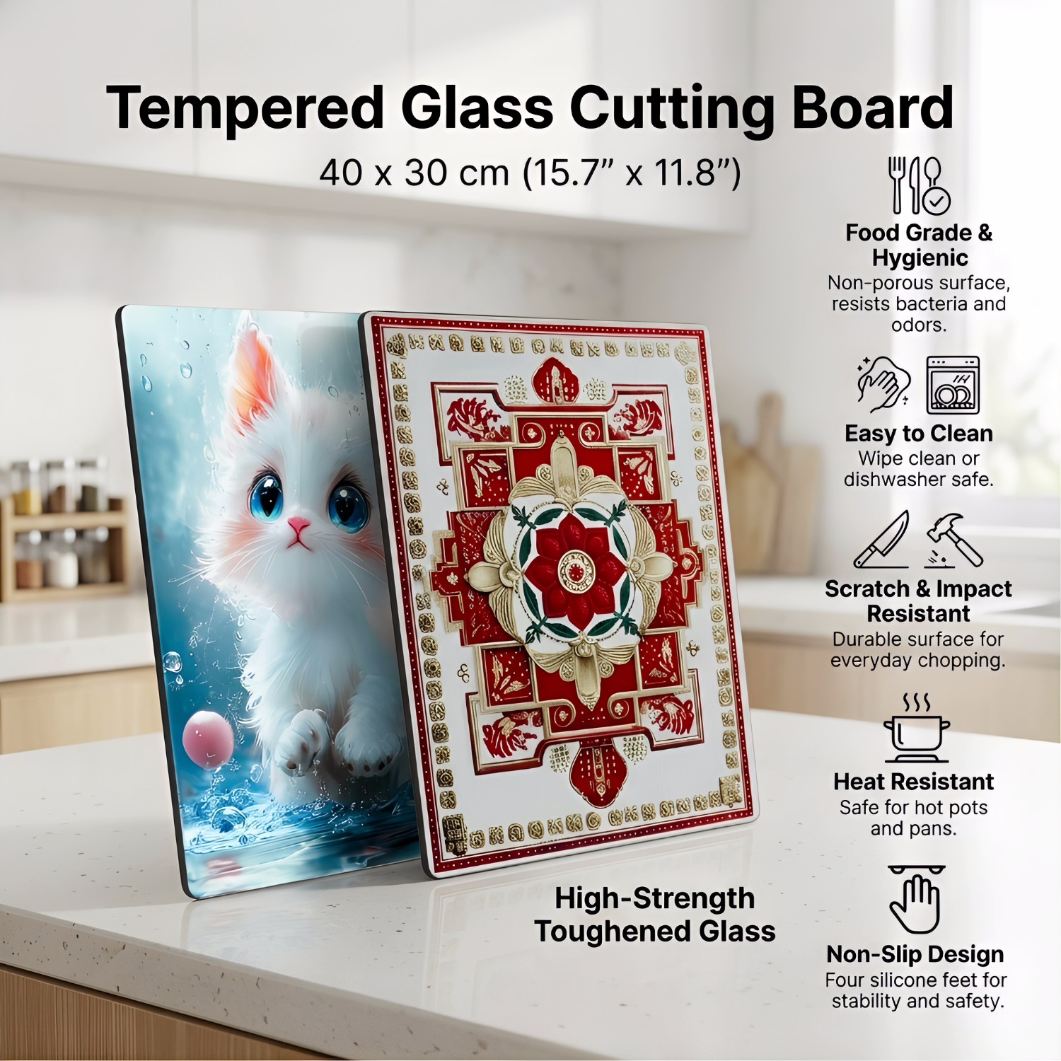 Cute Kitten Print Tempered Glass Cutting Board, Decorative Kitchen Glass Chopping Board, Heat Resistant Easy Clean Glass Worktop Saver For Kitchen Countertop Decor