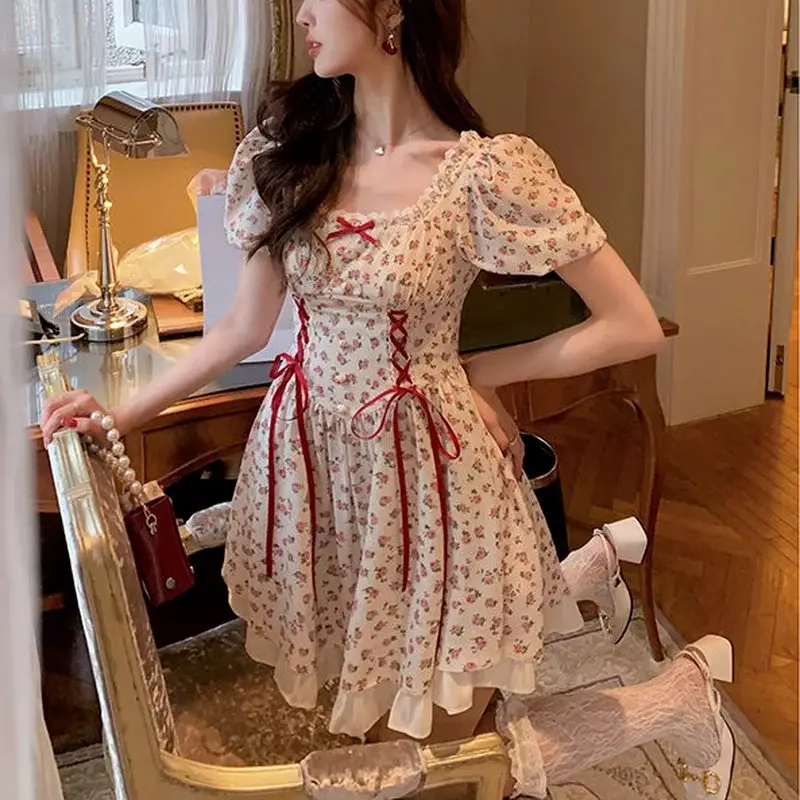 Floral Lace DressSmall Floral Dress Summer French Super Fairy Forest Puff Sleeve Bow Tie Lace Lotus Leaf