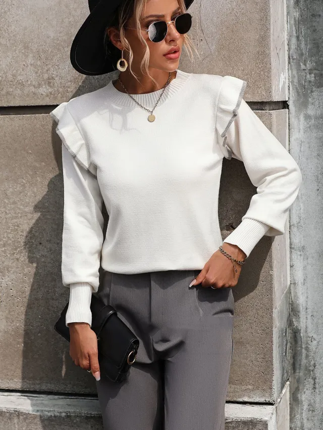 Solid Color Round Neck Pullover Fashion Sweater White - Shop at LoveMi