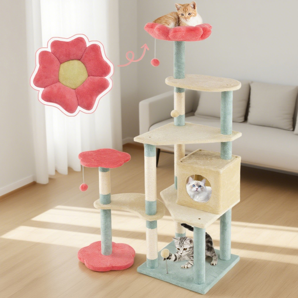61 Inch Multi-Level Aesthetic Floral Kitten Tower With Flower-Shaped Padded Perch