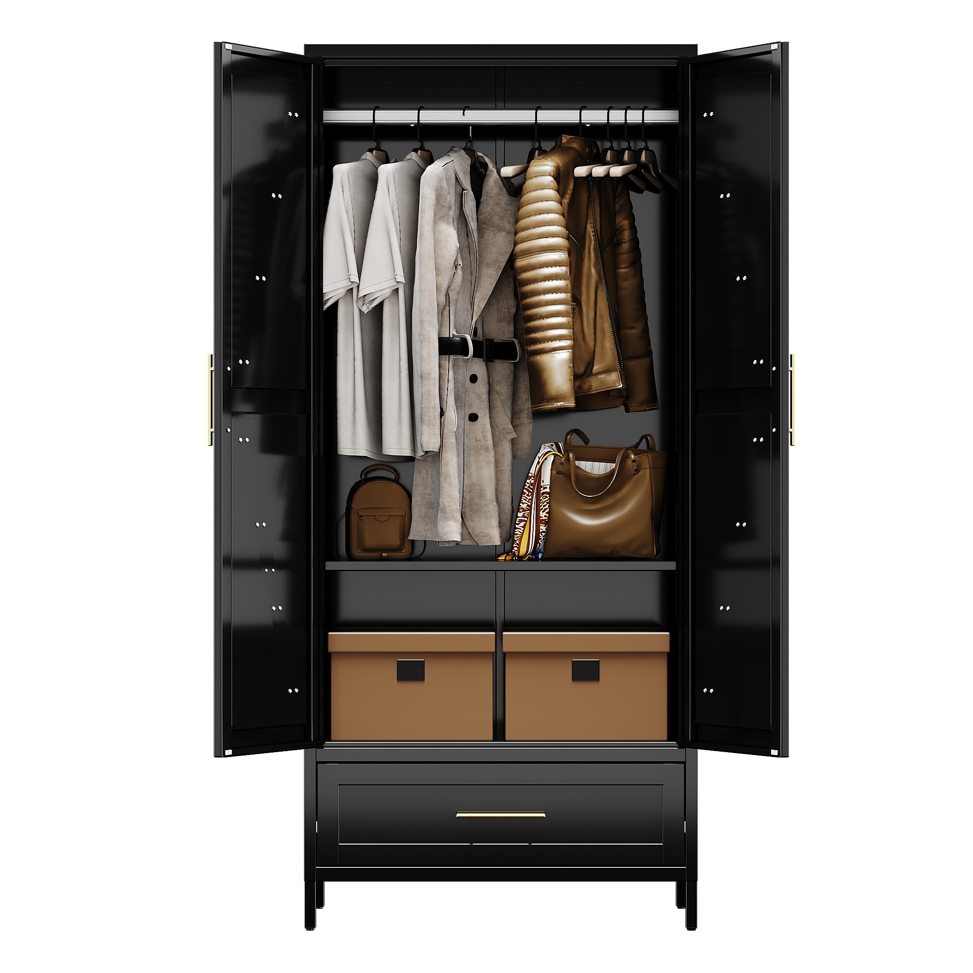 Aobabo Metal Wardrobe Cabinet With 1 Drawer, 71inch H Metal Wardrobe Closet With 1 Adjustable Shelf And Hanging Rod For Home, Laundry Room, Bedroom, Black,Installation Required,