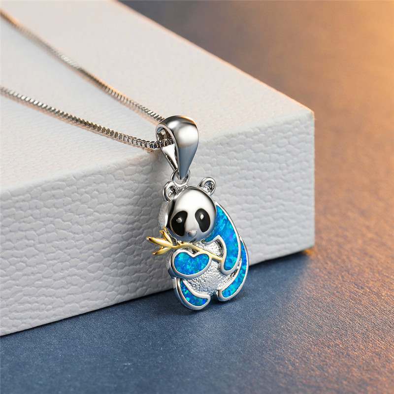 Korean Version Opal Cute Panda Holding Bamboo Necklace Pendant
