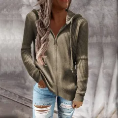 Women's Sweatshirt Loose Zip Long Sleeve Hooded Jacket - Tan - View 1