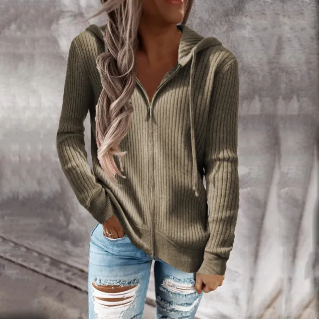 Women's Sweatshirt Loose Zip Long Sleeve Hooded Jacket Tan - Shop at LoveMi