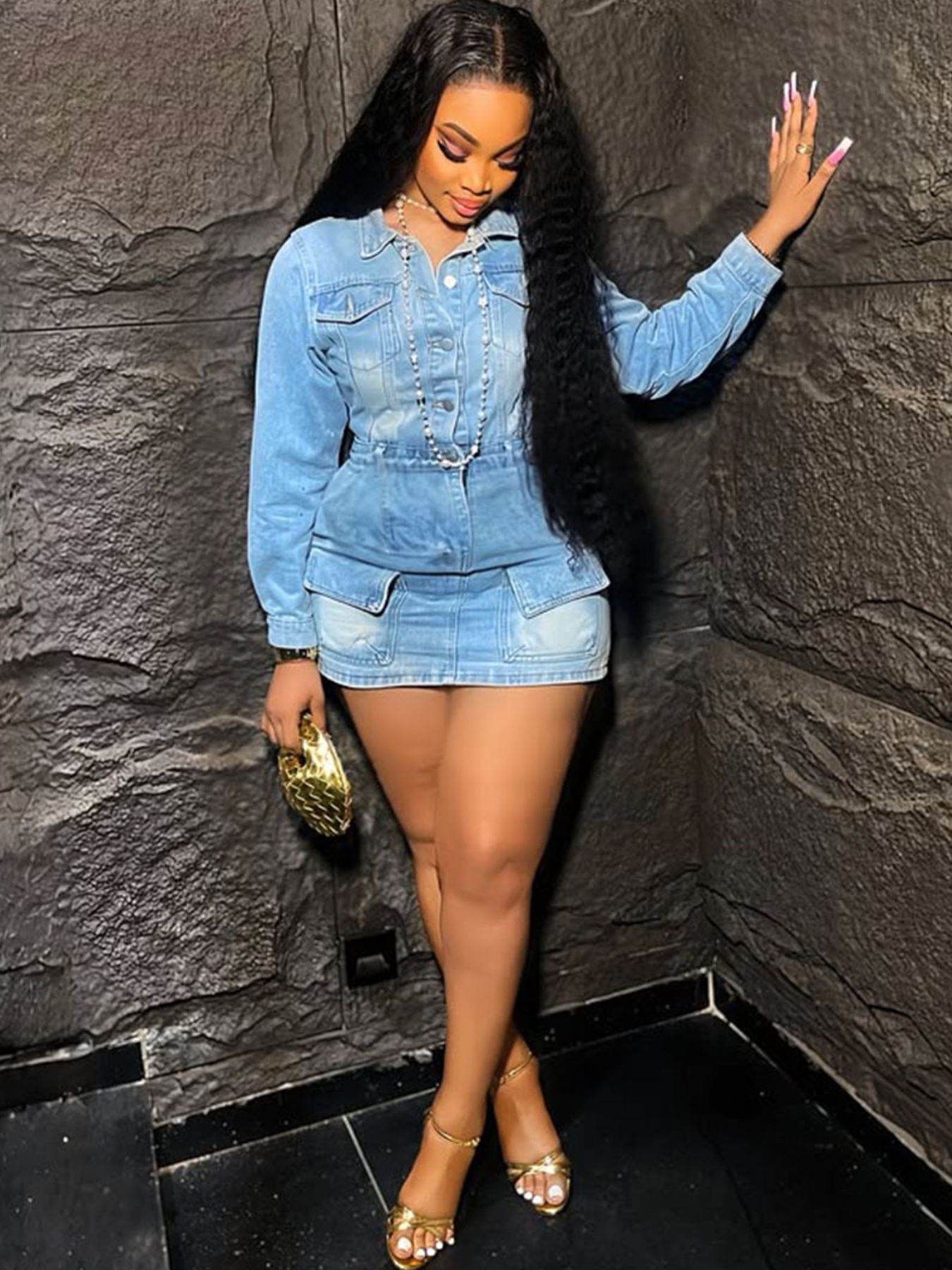 Women's blue denim mini dress button-front closure detail