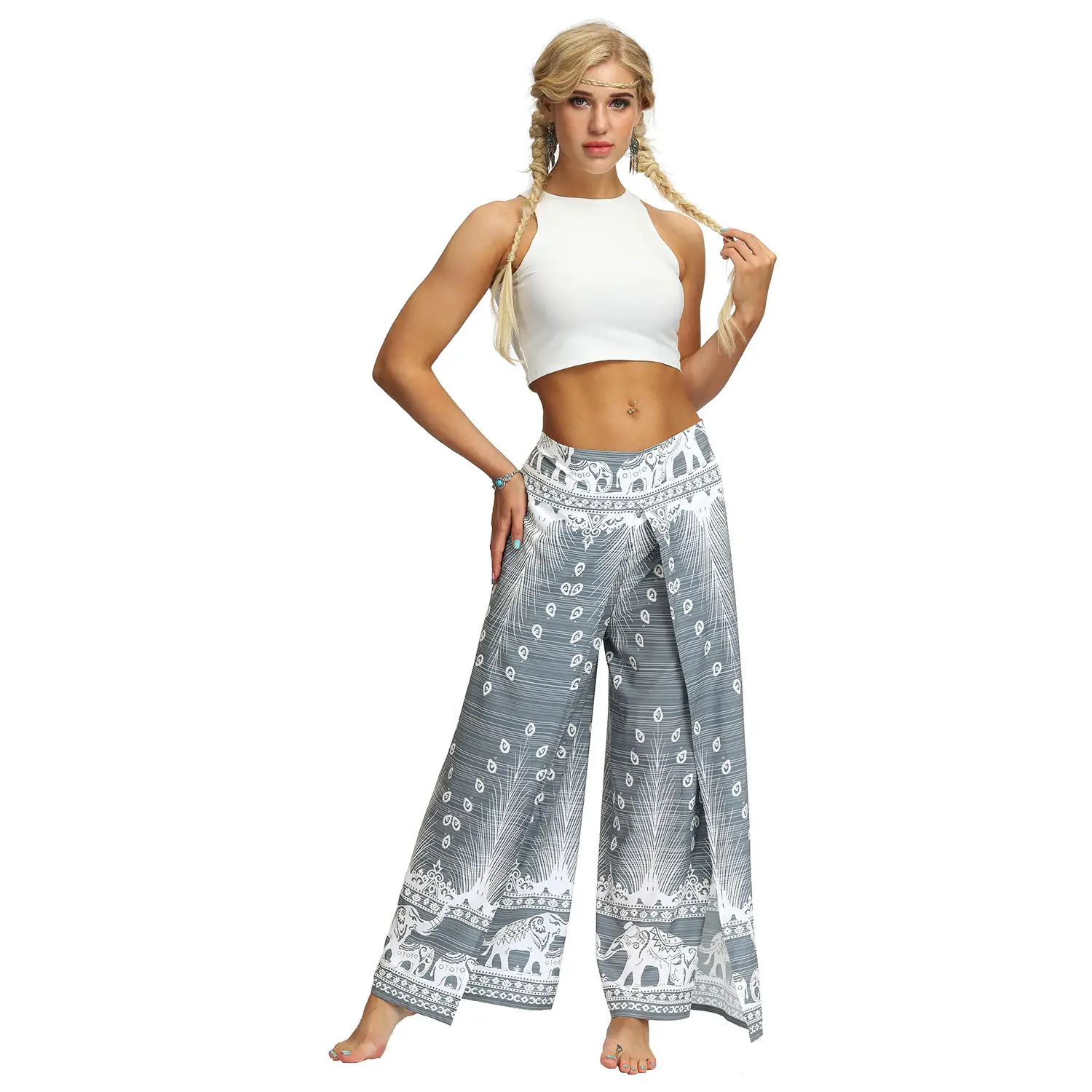 Digital Printing High Waist Wide Leg Yoga Pants Fashion Slit