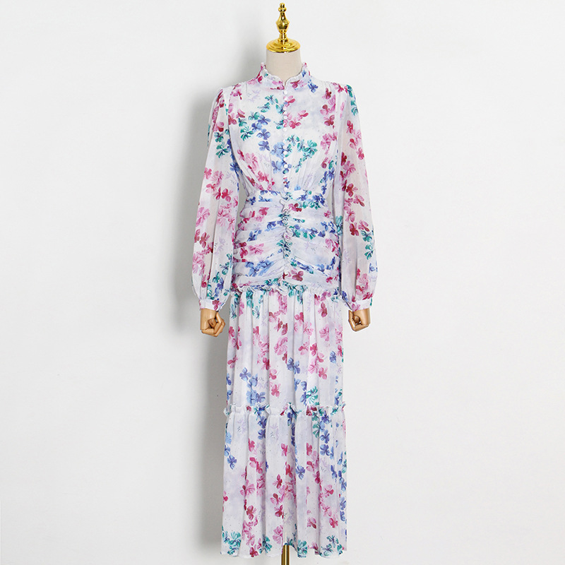 Floral Stand-Collar Pleated Shirt Dress — product details and sizing image 9