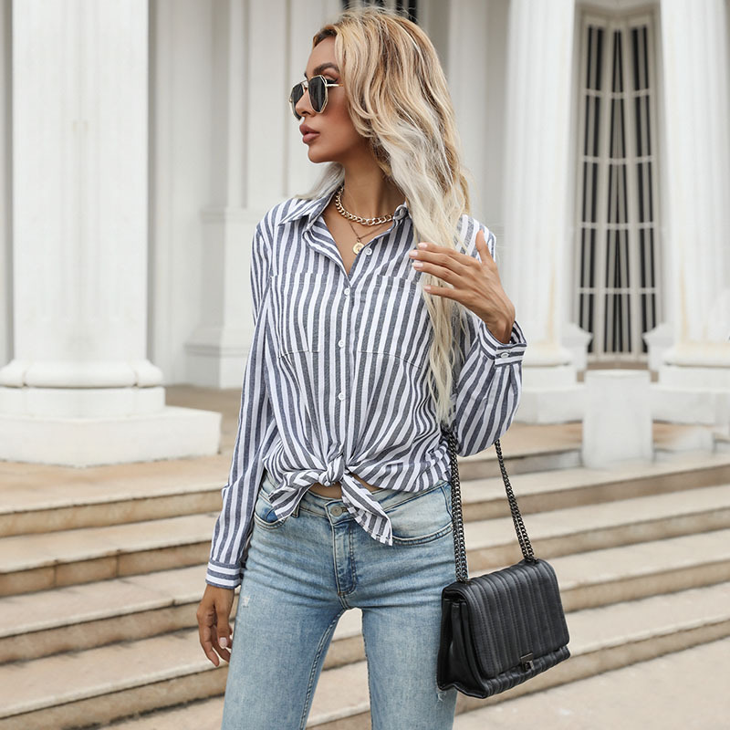 New European And American Women's Vertical Striped Lapel Long-sleeved Shirt