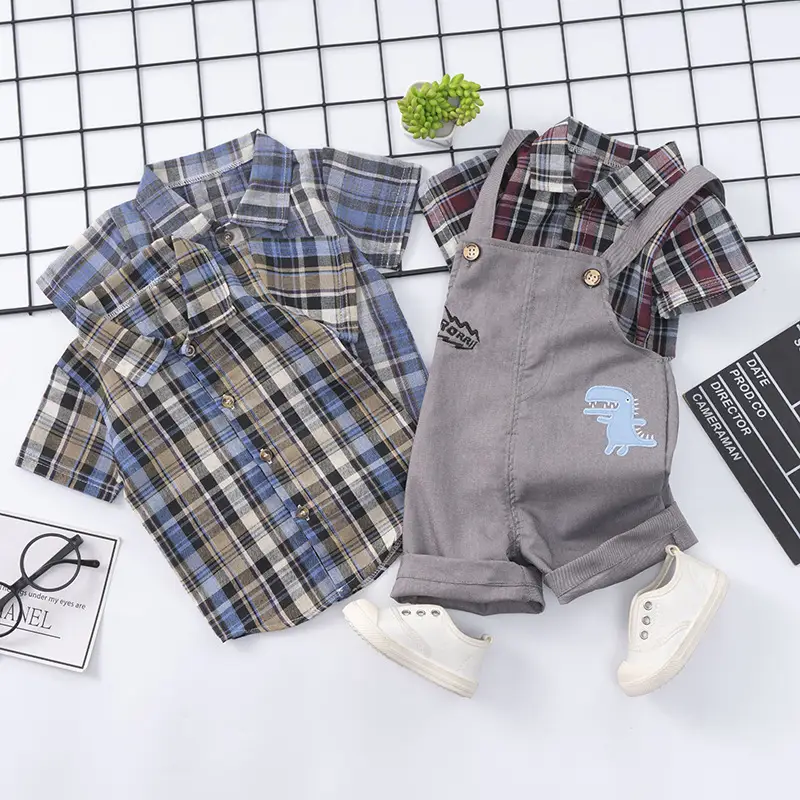 Summer Children's Suit Cotton Plaid Shirt Suspender Pants Two-piece Suit
