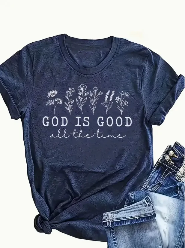 English Letters Printed Round Neck Vest Casual And Loose Daily Wear Women's Clothing Navy Blue - Shop at LoveMi