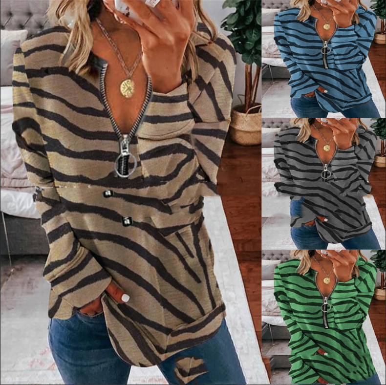 Retro Stripe Print Long Sleeve Zipper