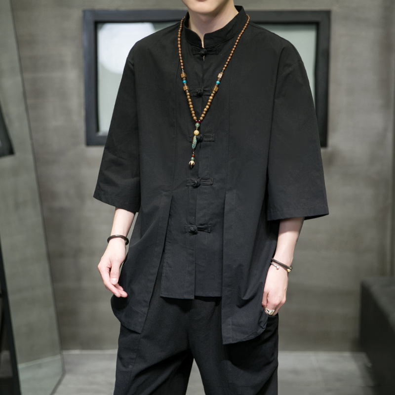 Disc Button Stand Collar Cotton And Linen Solid Color Shirt