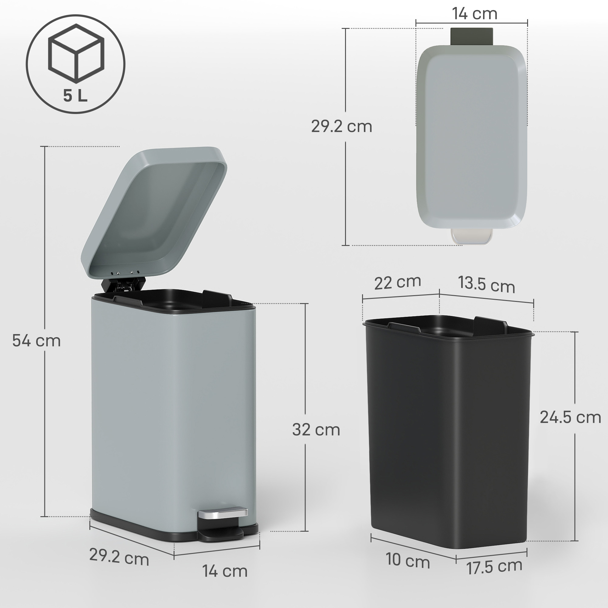 5-liter Rectangular Compact Garbage Bin, Steel Body, Detachable Silent — image 6