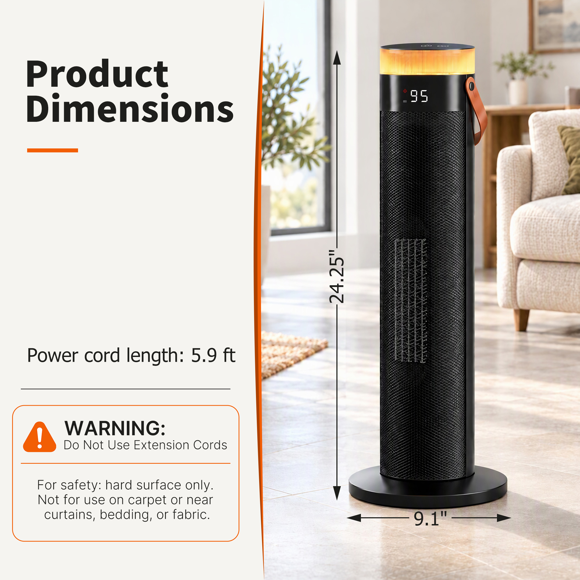 LED Ceramic Tower Heater, 1500W Dual DC Motor Space Heater With Remote, 15H Timer, Overheat & Tip-Over Protection For Bedroom Office image 5
