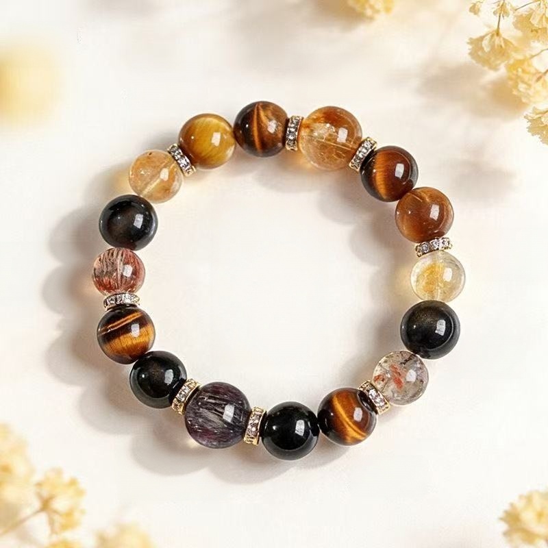 Brățară aurie naturală Obsidian  Yellow Citrine Black Gold Super Seven Tiger Eye Two Tone Beaded Chain Unisex Energy Jewelry