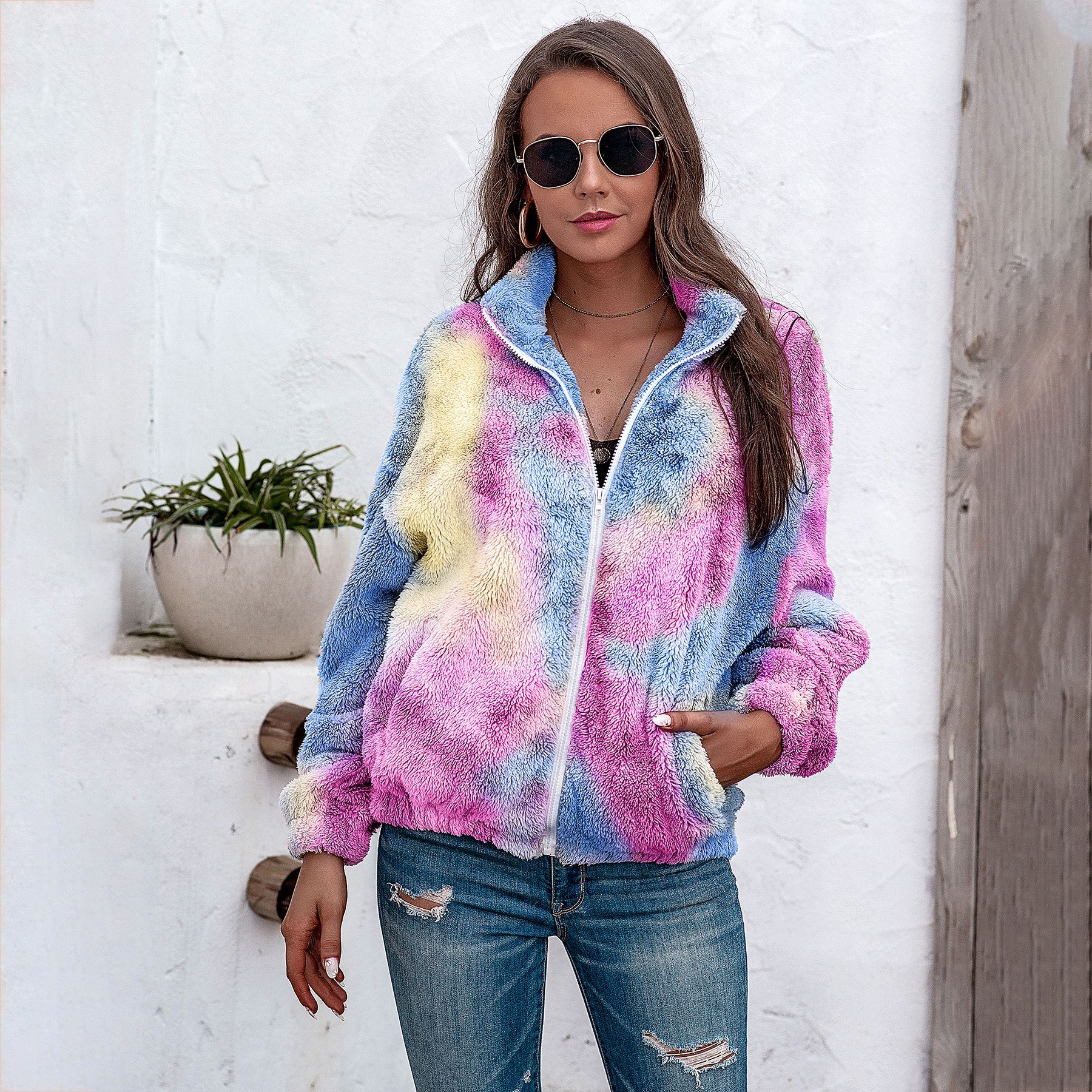 Title 4, Ladies tie-dye plush coat with zipper top