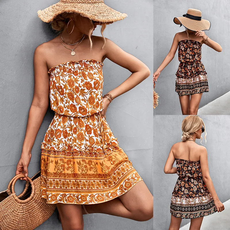 Women's Bohemian Floral Print Strapless Dress Summer Beach