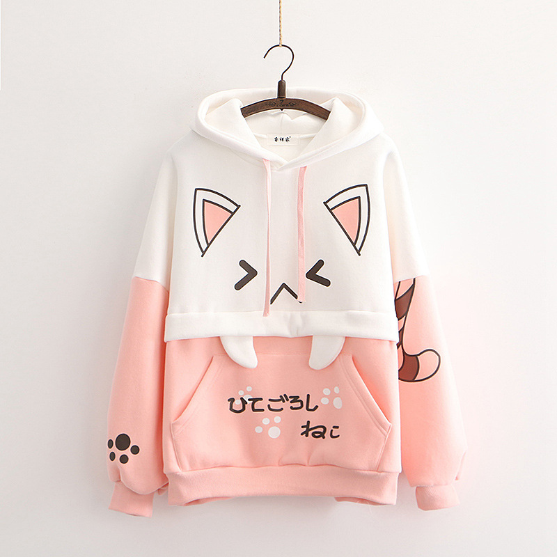 Title 11, College style cartoon cat hooded plus velvet st...