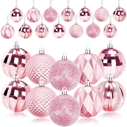 24PCSPink Christmas Ball Ornaments, 60mm Shatterproof Tree DecorPlastic, Xmas Tree Decorations, Wedding, Mothers Day Party, Assorted Style Decor, Large 2.4 In 3