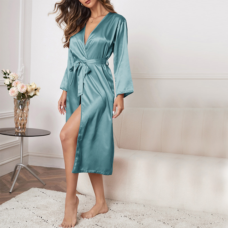 Ice Silk Long Sleeve Casual Comfort Lace-Up Bathrobe