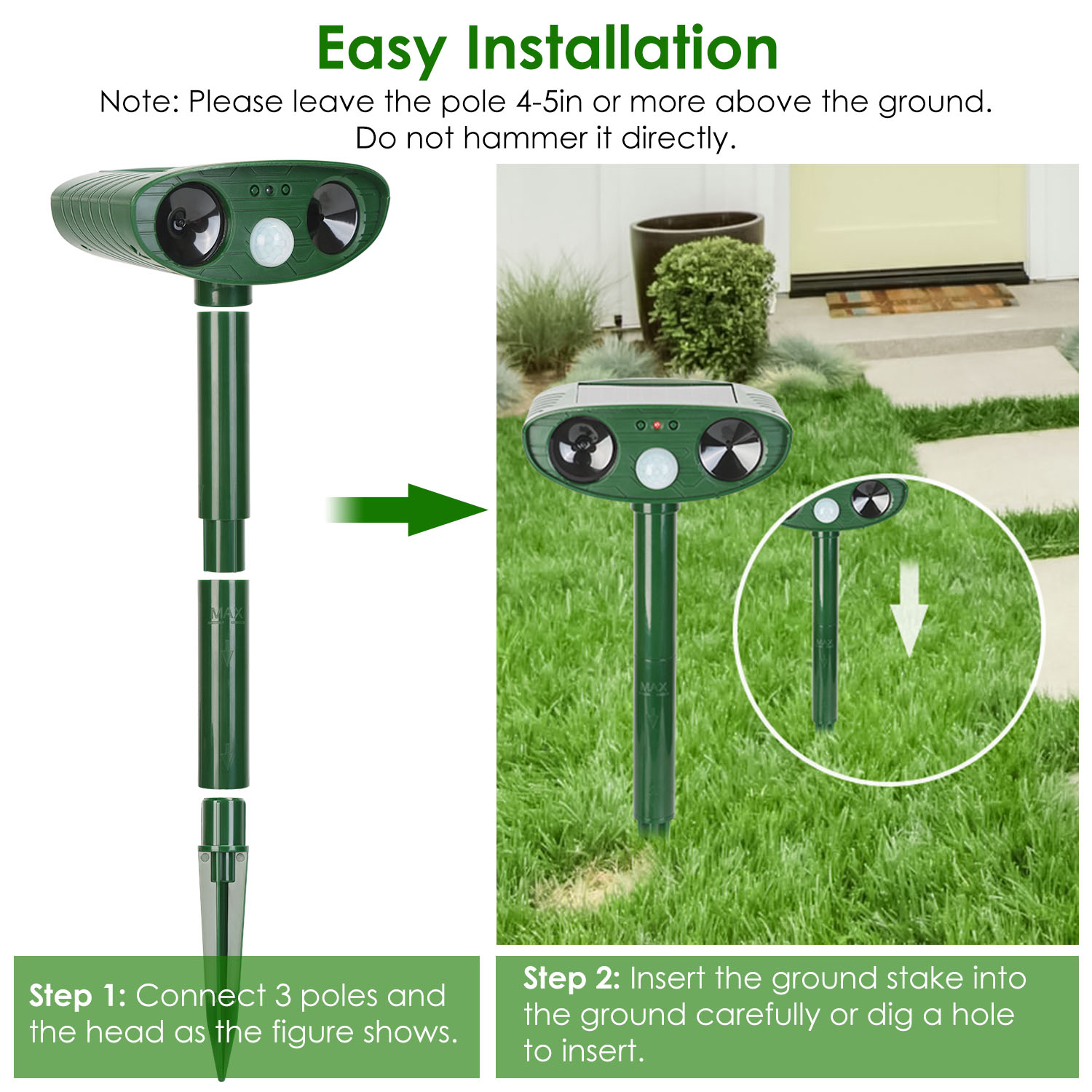 1Pc Solar Ultrasonic Animal Repeller PIR Motion Sensor Animal Repellent Chaser IPX4 Waterproof For Farm Garden Yard To Drive Raccoon Squirrel Rat Skunk Rabbit Mole Dog Cat Snake