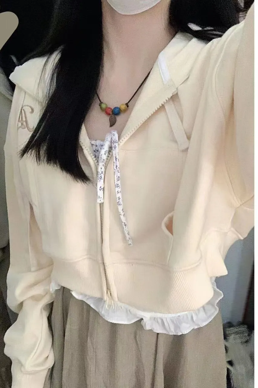 Short Hooded Jacket Women Loose Hundred Zipper - Apricot