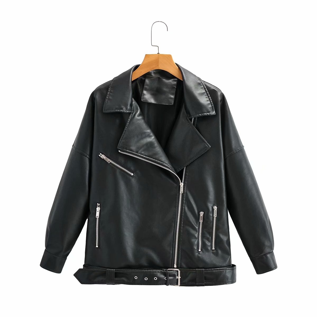 Female Alphabet Zipper Casual Fashion Leather Jacket Black - Shop at LoveMi