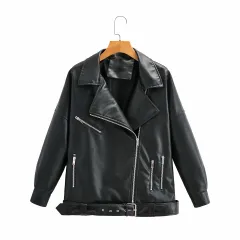 Female Alphabet Zipper Casual Fashion Leather Jacket - Black - View 1