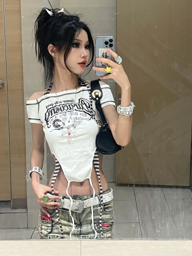 One Word Neck Striped Halterneck T-shirt Hottie's