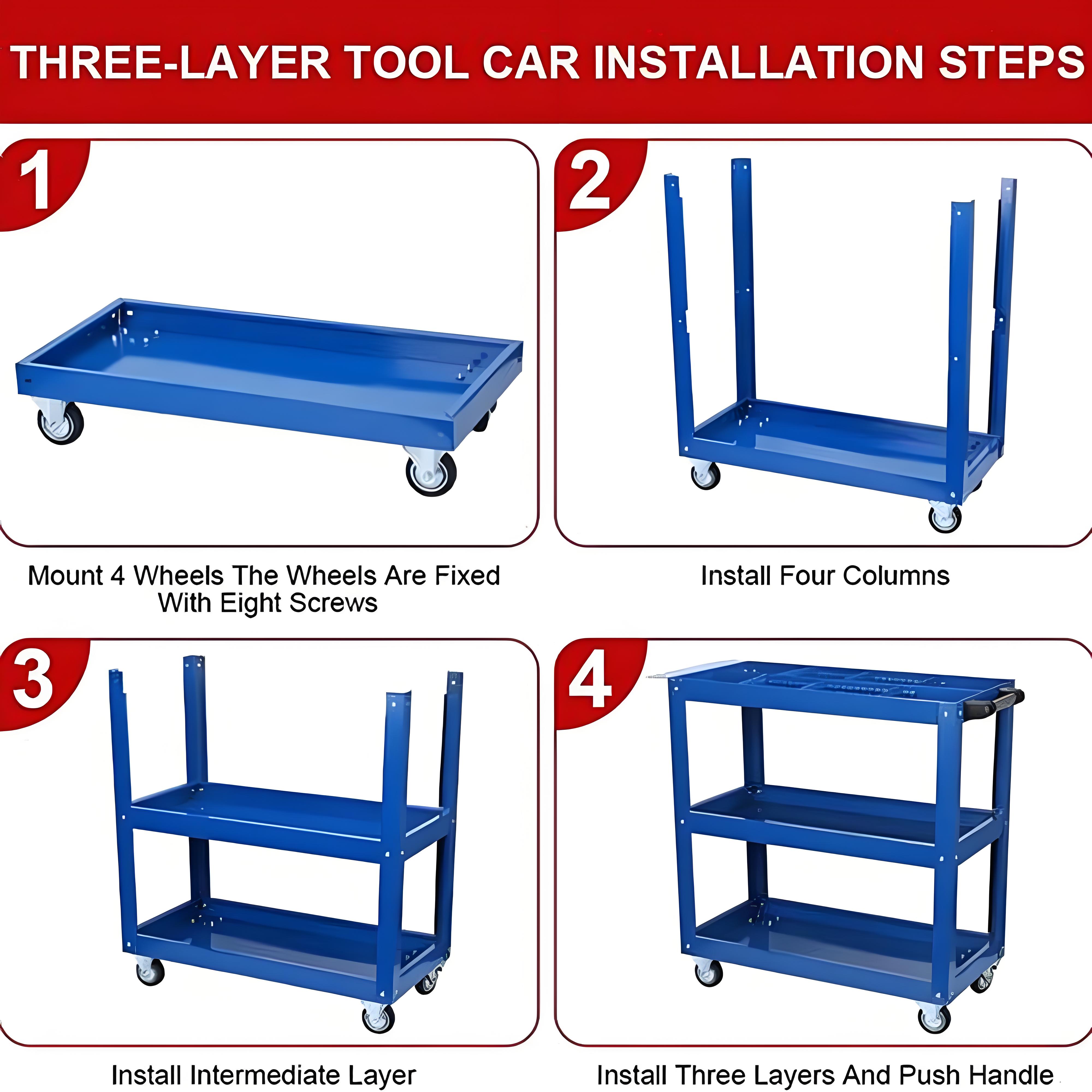 Upgrade 3-Tier Rolling Tool Cart With Lockable Wheels, Heavy Duty Steel Utility Cart, Kitchen Cart Organizer, Workshop Rolling Serving Cart For Garage, Warehouse, Blue