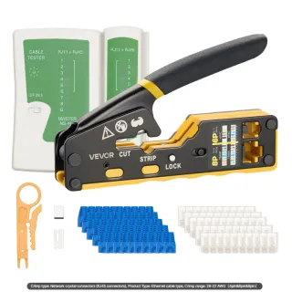 VEVOR Crimping Tool, RJ45-RJ11-RJ12 Ethernet Crimper, Crimp Tool Kit For 4-6-8-Pin Modular Plugs, With Mini Wire Stripper, 50 Connectors And 50 Boots, Replacement Blades, And Netwo