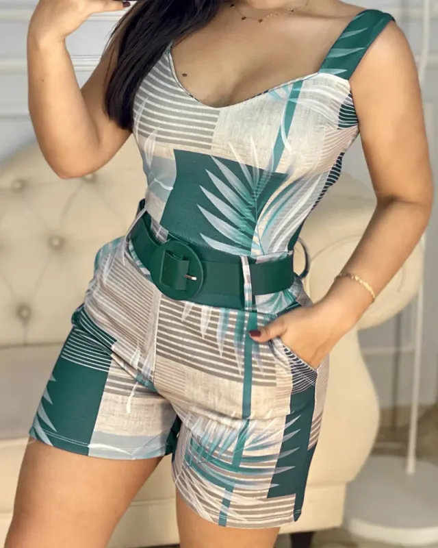 Botanical print Color block Suspender Bodysuit Green - Shop at LoveMi