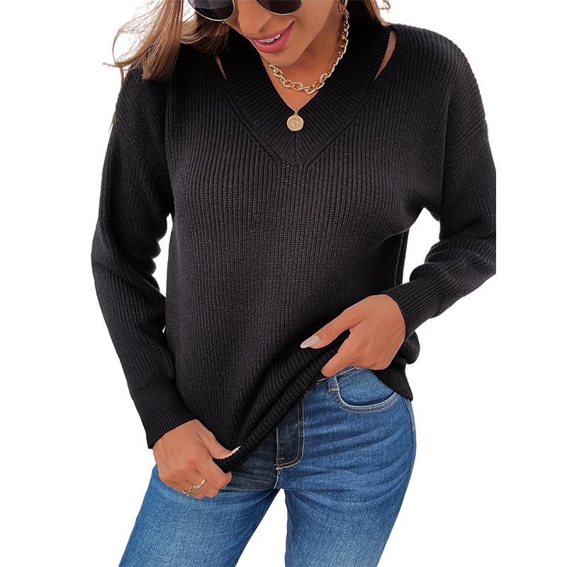 Title 3, Fashion Ladies V-neck Solid Color Sweater Women