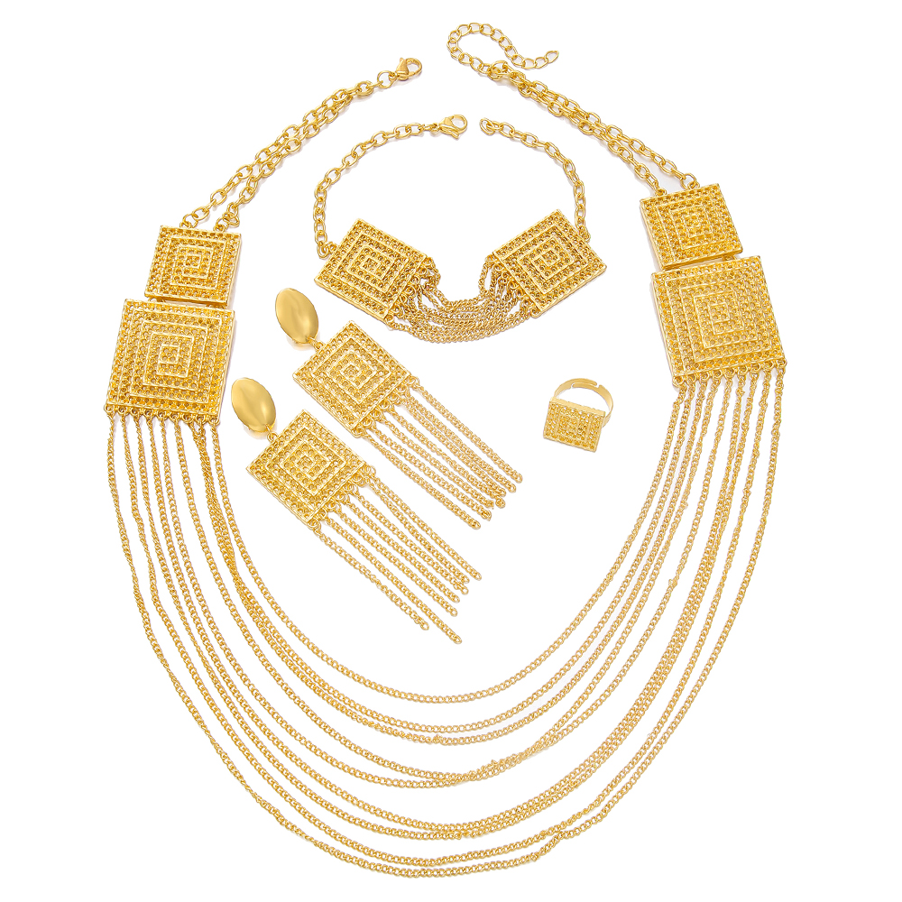 5pcs Fashion Ladies 18k Gold Plated Jewelry Set Tassel For Holiday Wear, Wedding Scene Jewelry, Multi-layered Temperament Wedding Jewelry — foto 2